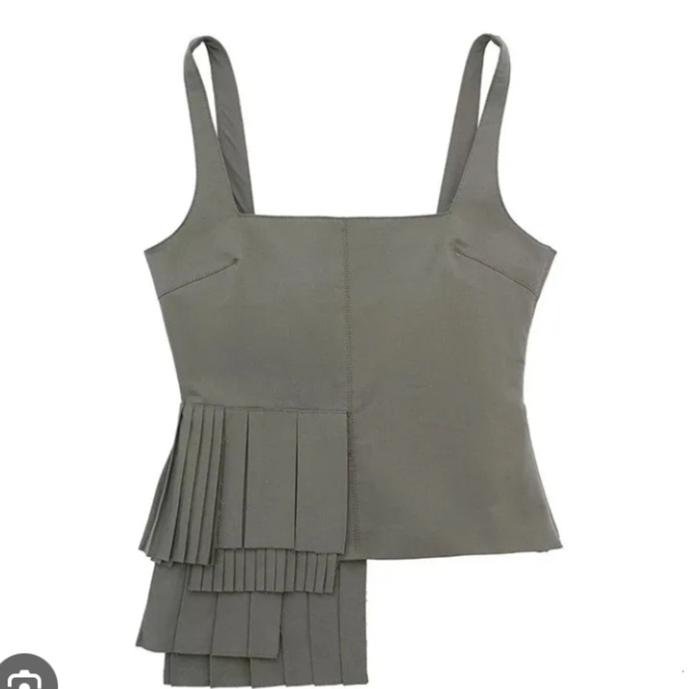 Zara Olive Green Square-Neck Tank with Pleated Asymmetric Hem